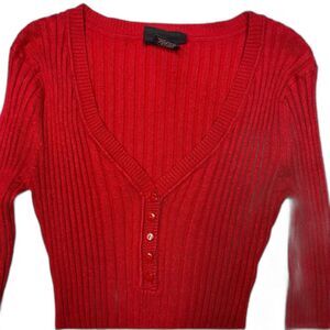 Vintage ITS OUR TIME Sweater Tight Fit Ribbed V-Neck Stretch 90s Womens L Red